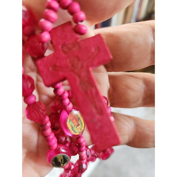 Pink Fuchsia Cross Necklace – Etched Wooden Crucifix with Plastic & Wood Beads - Picture 6 of 10